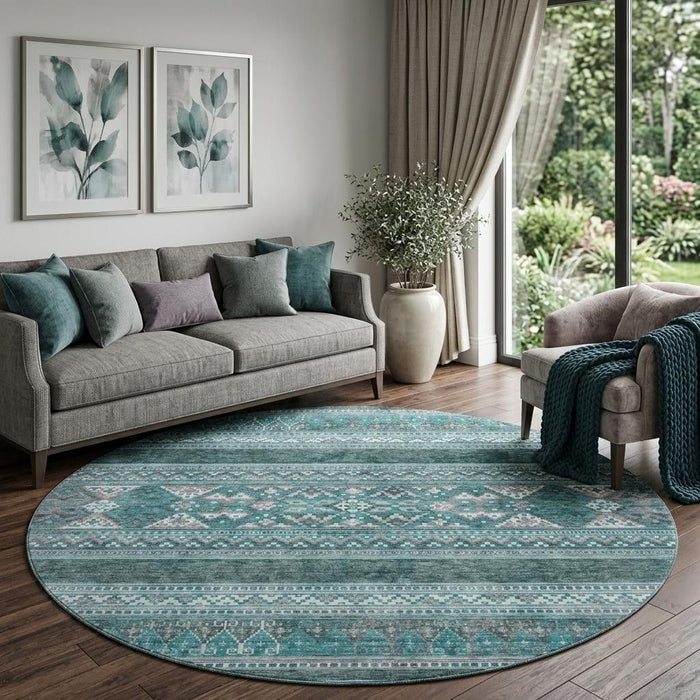 8' Southwestern Washable Round Rug With UV Protection (657458) - Teal / Ivory