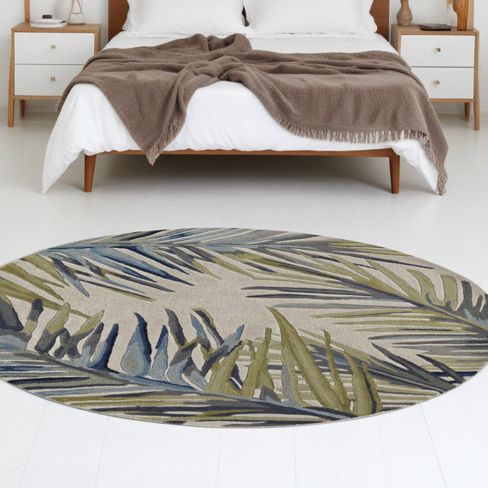 8' Hand Tufted Tropical Palms Round Indoor Area Rug - Ivory