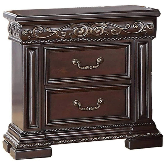Giga cherry wood accent nightstand with two drawers and carved details, bedside table for bedroom decor and storage.