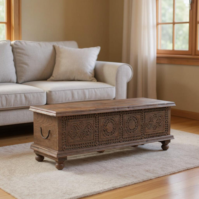 54" Solid Wood Medallion Storage Ottoman - Brown
