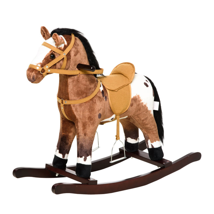 Giga Qaba kids metal plush ride-on rocking horse chair in dark brown and white with realistic sound features for children.