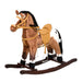 Giga Qaba kids metal plush ride-on rocking horse chair in dark brown and white with realistic sound features for children.