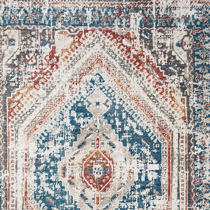 9' x 13' Geometric Distressed Area Rug With Fringe - Teal Taupe And Rust