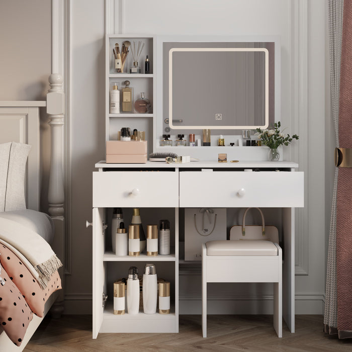 Giga white fashion vanity desk with mirror, adjustable lights, and two drawers, perfect for makeup and beauty routines.