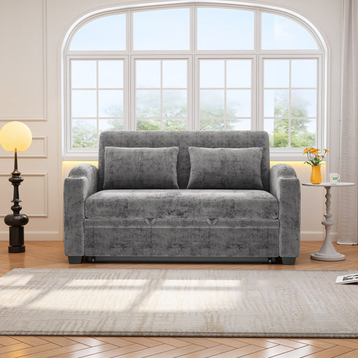 Giga pull-out loveseat sofa with adjustable backrest, two pillows, cup holders, and USB ports for living room comfort.