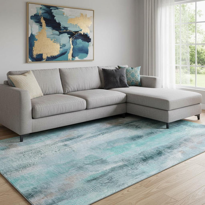 8' X 10' Abstract Washable Area Rug With UV Protection (648146) - Teal / Ivory