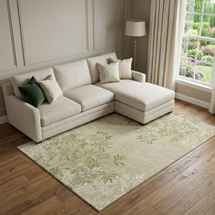 8' X 10' Floral Washable Area Rug With UV Protection (655642) - Khaki / Green / Ivory