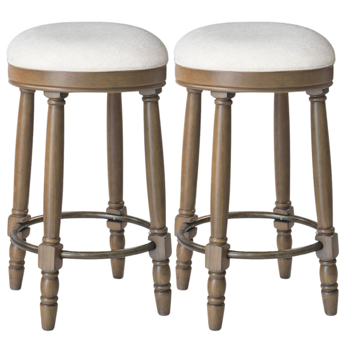 Set of two Giga 360° swivel wooden barstools with upholstered seats, counter height, featuring modern wooden frames and comfortable cushions.