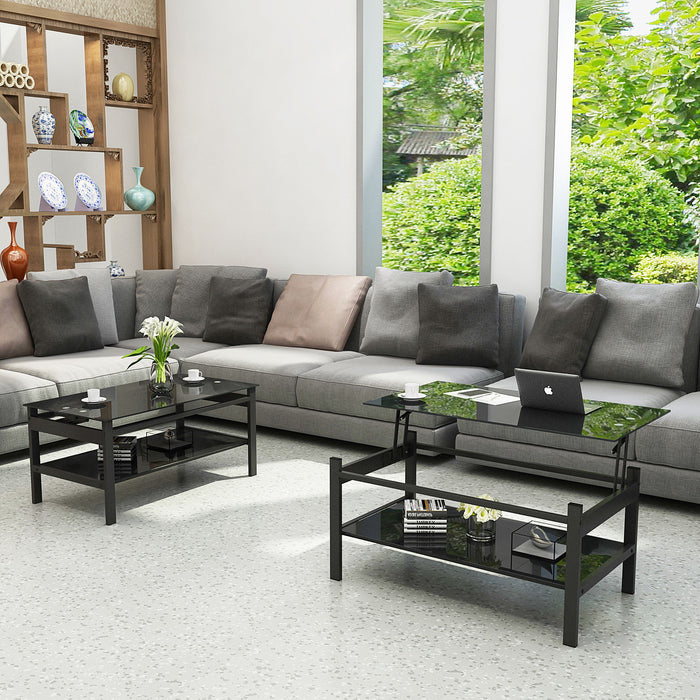 Giga black glass lift top coffee table with two-layer design and tempered glass surface for modern living room decor.