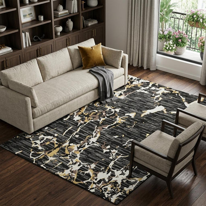 10' X 14' Striped Washable Area Rug With UV Protection (682031) - Black / Ivory / Gold