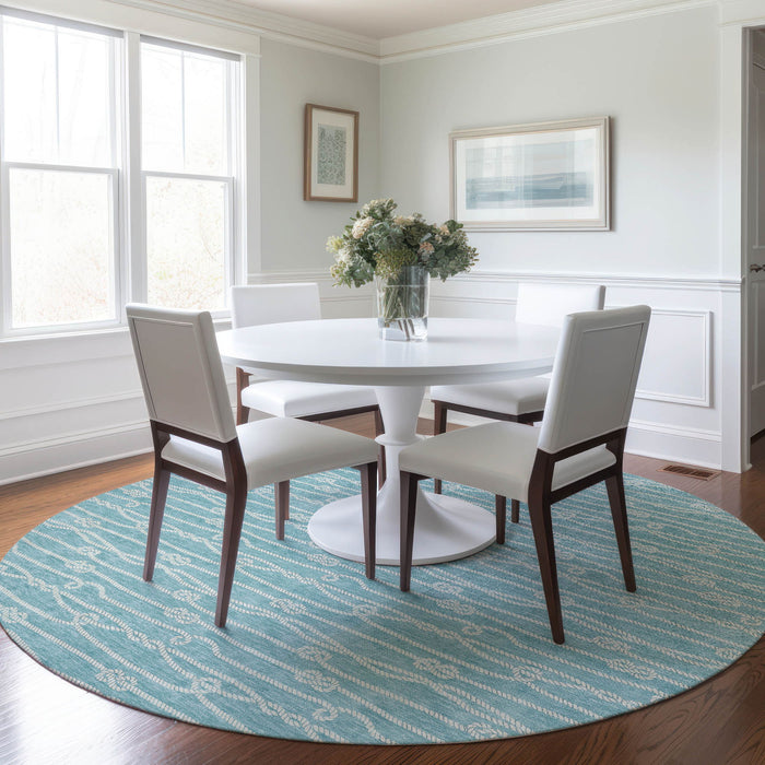 8' Nautical Washable Round Rug With UV Protection - Teal Blue And Ivory