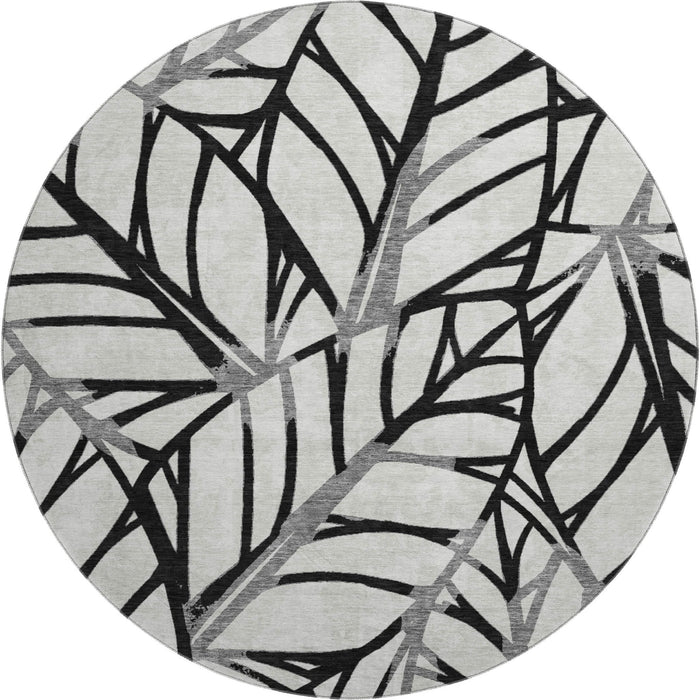 8' Floral Washable Round Rug With UV Protection - Black And Beige