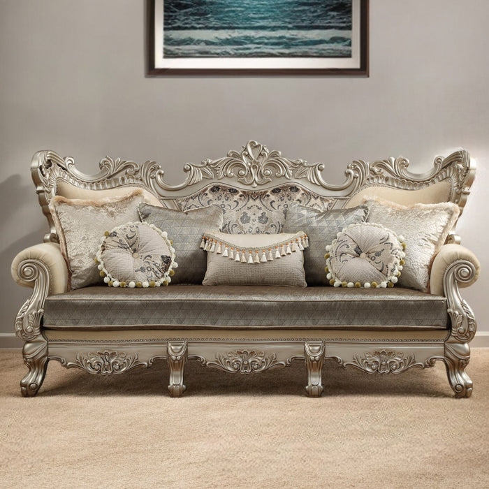 Cotton Blend Curved Floral Sofa And Toss Pillows - Champagne
