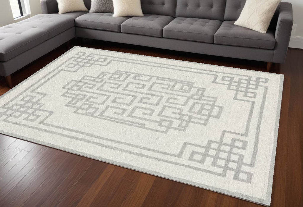 9' x 12' Hand Tufted Bordered Greek Key Indoor Area Rug - Ivory Gray