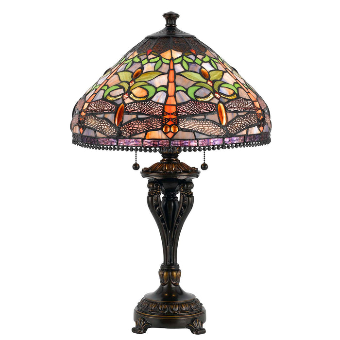 Metal Two Light Table Lamp With Purple Cone Shade - Bronze