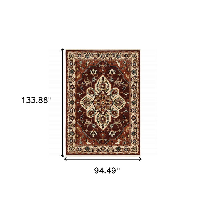 8' x 11' Oriental Power Loom Stain Resistant Area Rug With Fringe - Red Ivory Orange And Blue