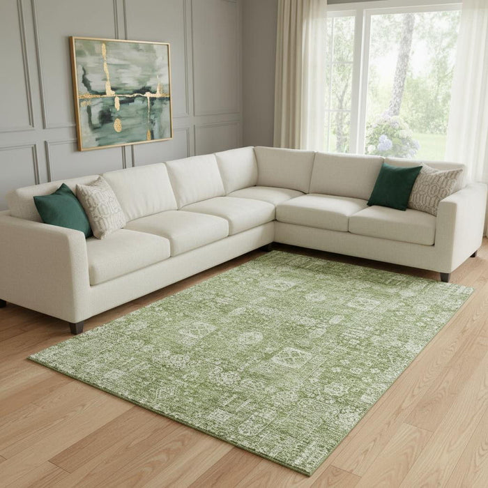 10' X 14' Floral Washable Area Rug With UV Protection (653350) - Artichoke Green / Ivory
