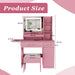 Pink Giga vanity desk with LED mirror lights, 3 drawers, 7 shelves, and storage stool, featuring a sleek and functional design.