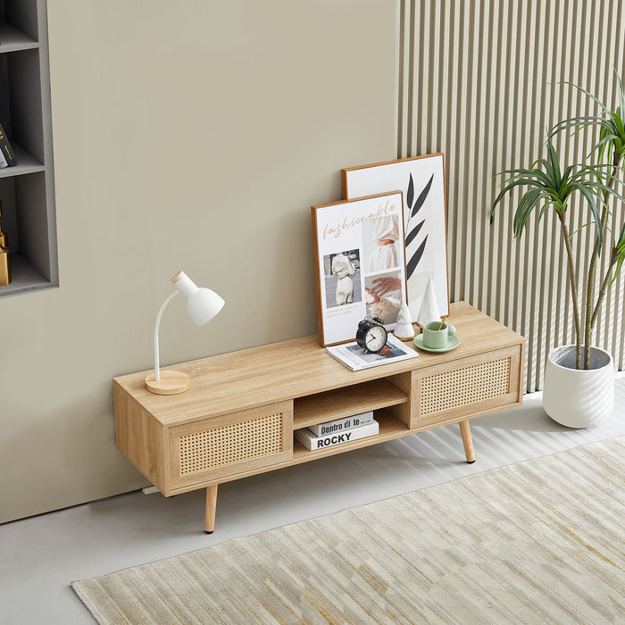 Giga 55.12-inch rattan TV cabinet with double sliding doors, adjustable shelf, solid wood legs, perfect for living room storage