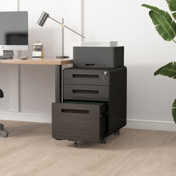 Giga 3 Drawer Mobile Office File Cabinet with 5 wheels, steel construction, waterproof, moisture-proof, for legal, letter, and A4 files.