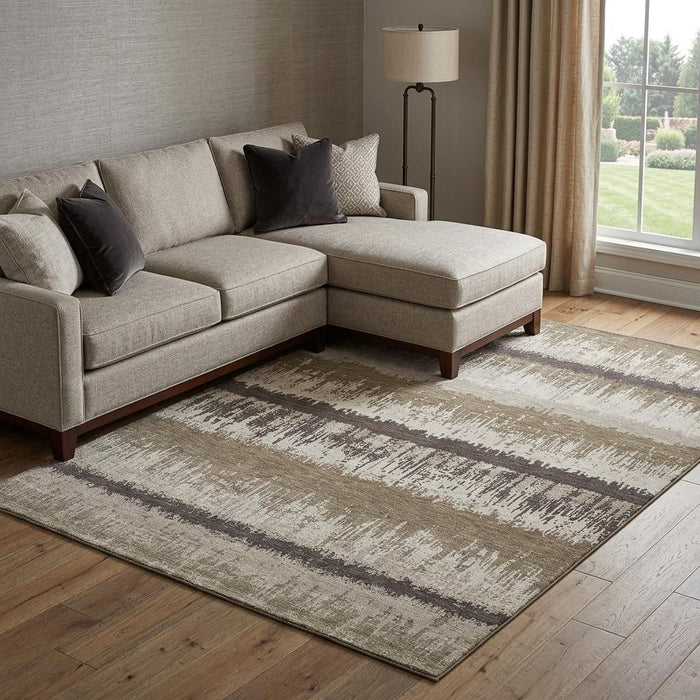 10' X 14' Striped Washable Area Rug With UV Protection (679486) - Brown / Beige / Ivory