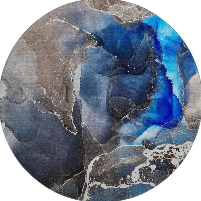 8' Abstract Washable Round Rug With UV Protection (646683) - Navy Blue / Charcoal
