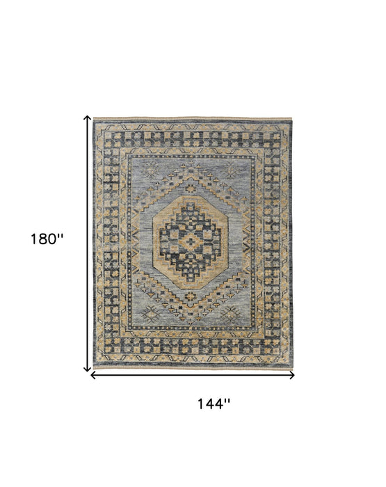12' x 15' Wool Oriental Hand Knotted Area Rug With Fringe - Blue Gray And Tan