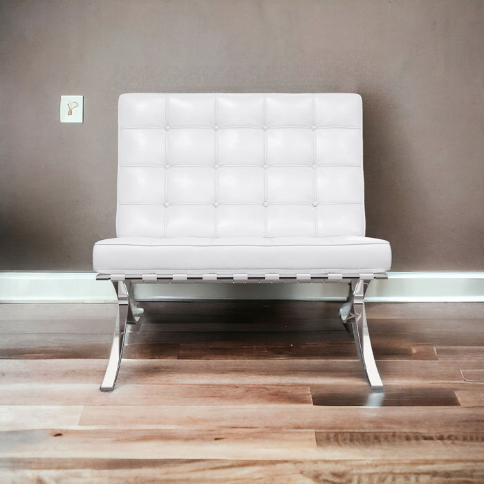 Italian Leather Tufted Lounge Chair - White And Silver
