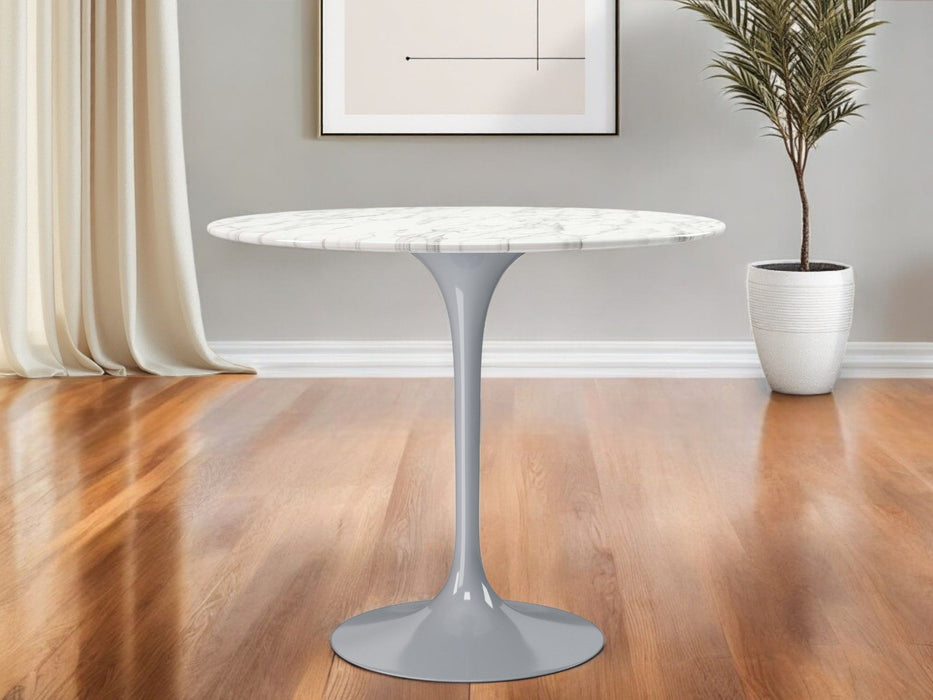 40" Rounded Marble And Metal Pedestal Base Dining Table - Gray / White