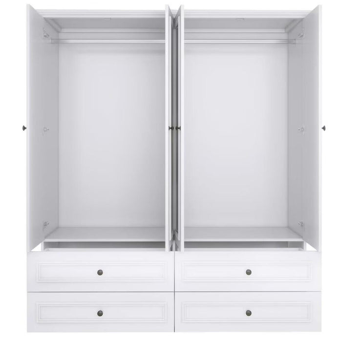 White 71-inch carved geometric mirror wardrobe with four doors and four drawers, by HomeRoots, showcasing intricate design details.