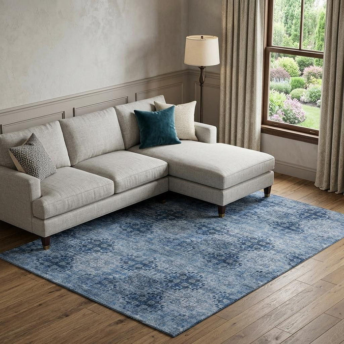 10' X 14' Floral Medallion Distressed Washable Area Rug With UV Protection (648934) - Navy Blue / Ivory