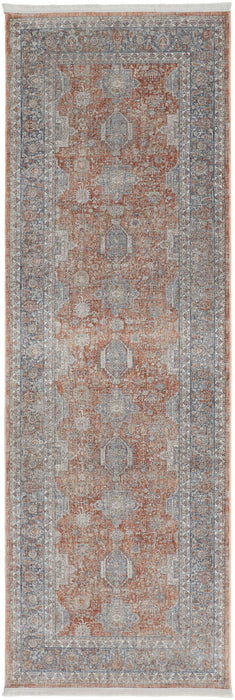 12' Oriental Power Loom Worn Faded Runner Rug With Fringe - Blue And Red