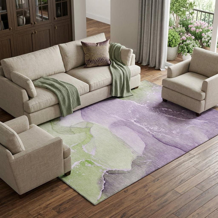 8' X 10' Abstract Washable Area Rug With UV Protection (647210) - Purple / Green / Ivory