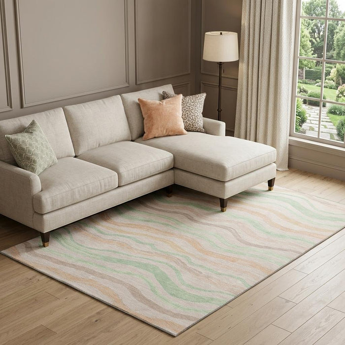 10' X 14' Striped Washable Area Rug With UV Protection (694574) - Peach / Mint Green / Linen