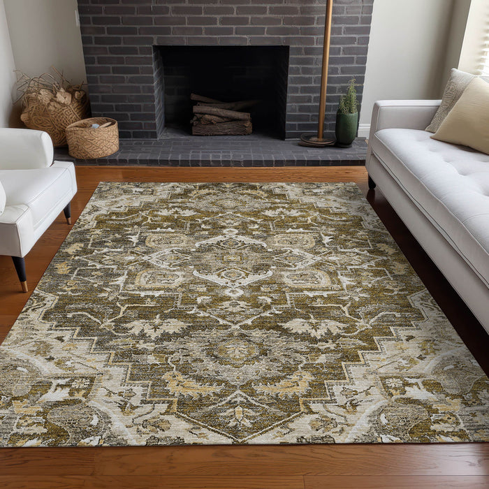 10' X 14' Floral Medallion Washable Area Rug With UV Protection - Brown