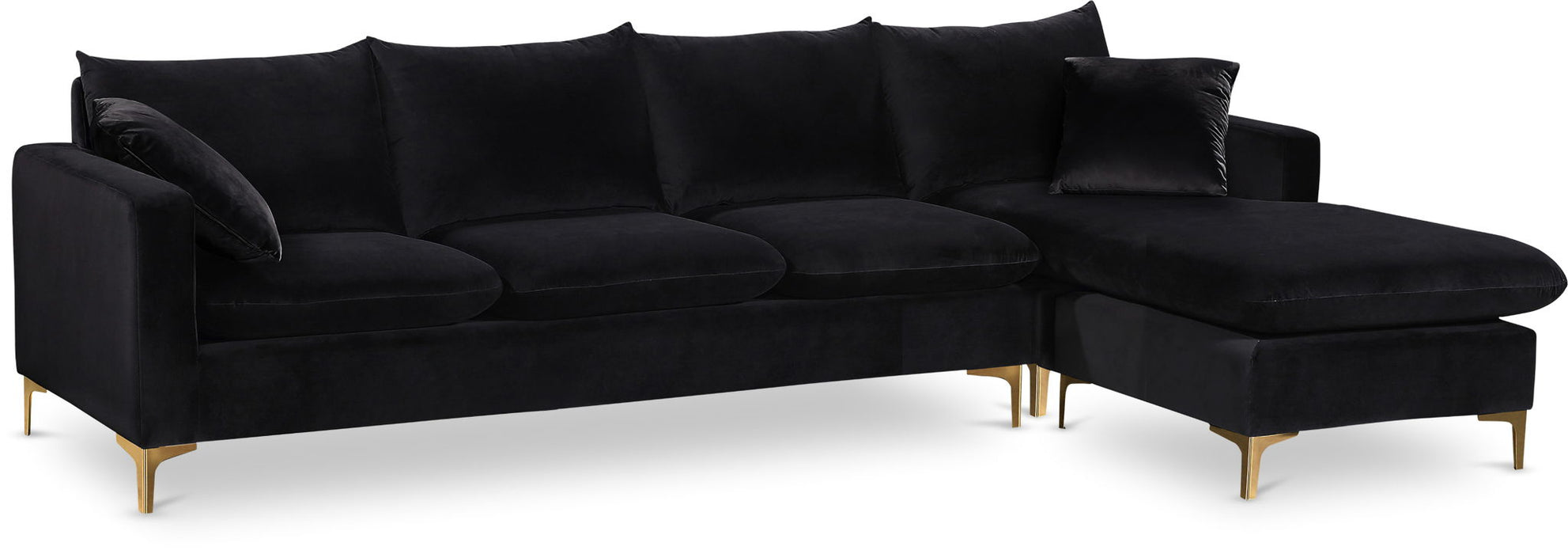Naomi Meridian Furniture reversible sectional sofa with plush cushions and neutral upholstery, shown in a stylish stationary sectional setup.