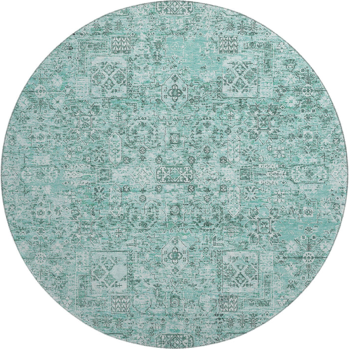 8' Floral Washable Round Rug With UV Protection (651217) - Teal / Ivory
