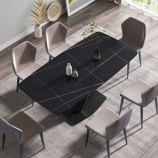 Giga modern black artificial stone dining table with curved black metal legs, seats 6-8 people, sleek and contemporary design