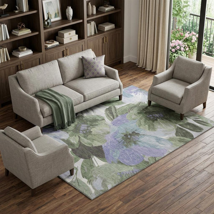 10' X 14' Floral Washable Area Rug With UV Protection (693996) - Olive Green / Ivory / Lavender