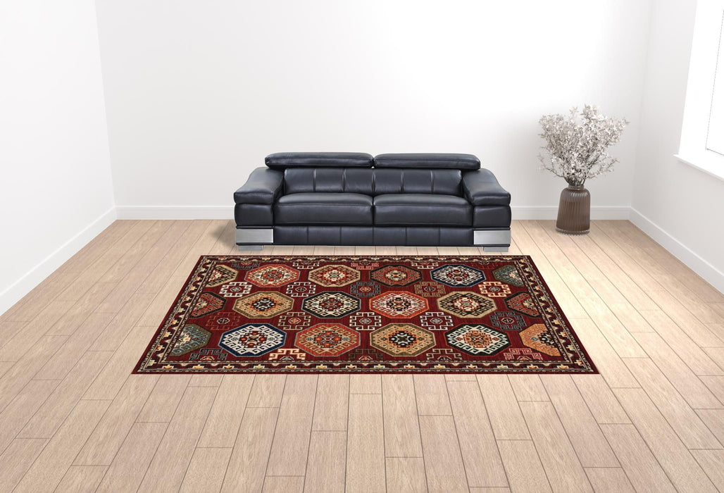 10' x 13' Oriental Power Loom Stain Resistant Area Rug With Fringe - Red Blue Brown And Beige