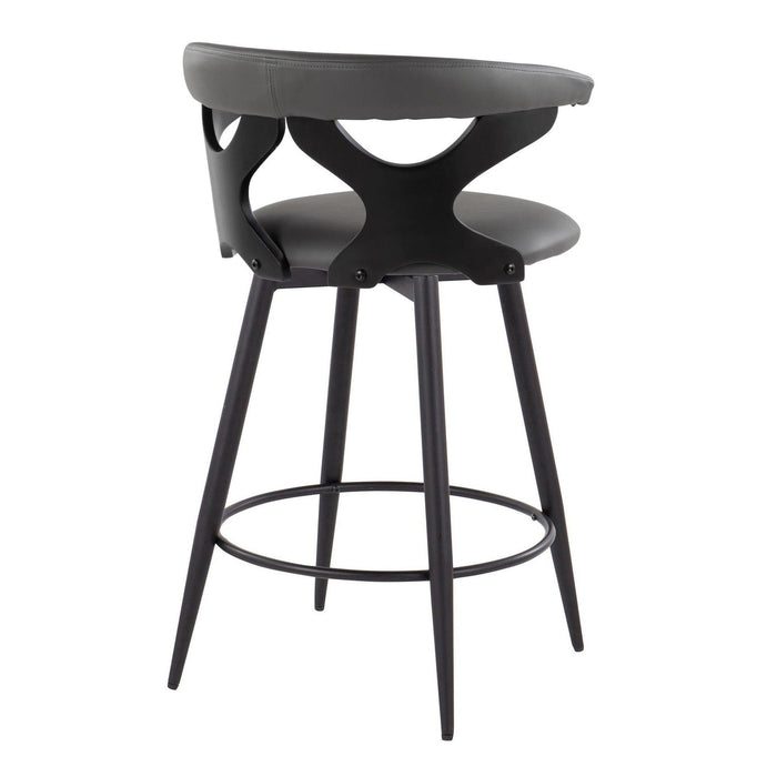 Gardenia - 25" Fixed-Height Counter Stool With Swivel And Rounded Black Metal Footrest (Set of 2) - Black Metal, Black Wood And Gray Faux Leather