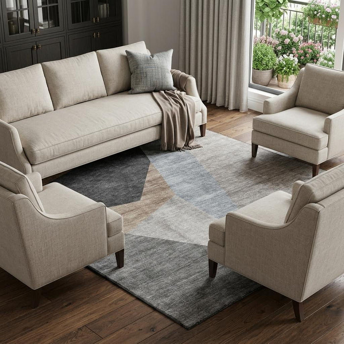 9' X 12' Geometric Washable Area Rug With UV Protection (657472) - Taupe / Blue / Beige