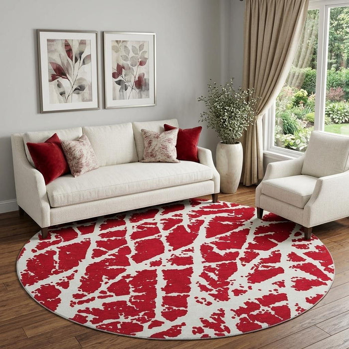 8' Abstract Washable Round Rug With UV Protection (646587) - Red / Ivory