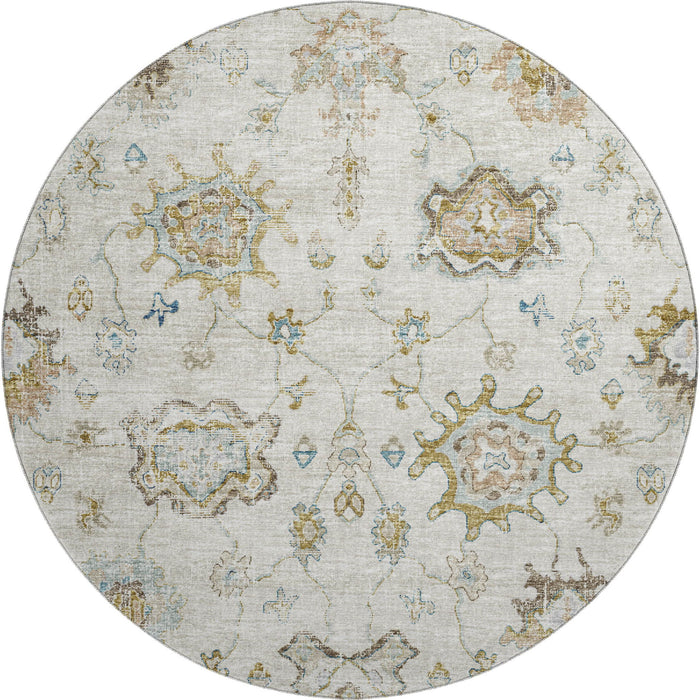 8' Floral Medallion Distressed Washable Round Rug With UV Protection (644619) - Linen / Blue / Coffee