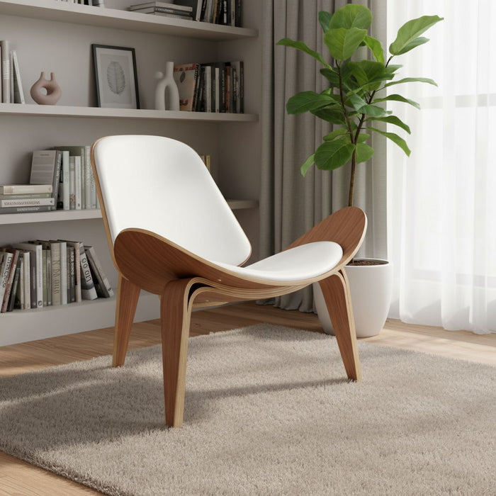 Genuine Leather Lounge Chair - White And Wood Brown