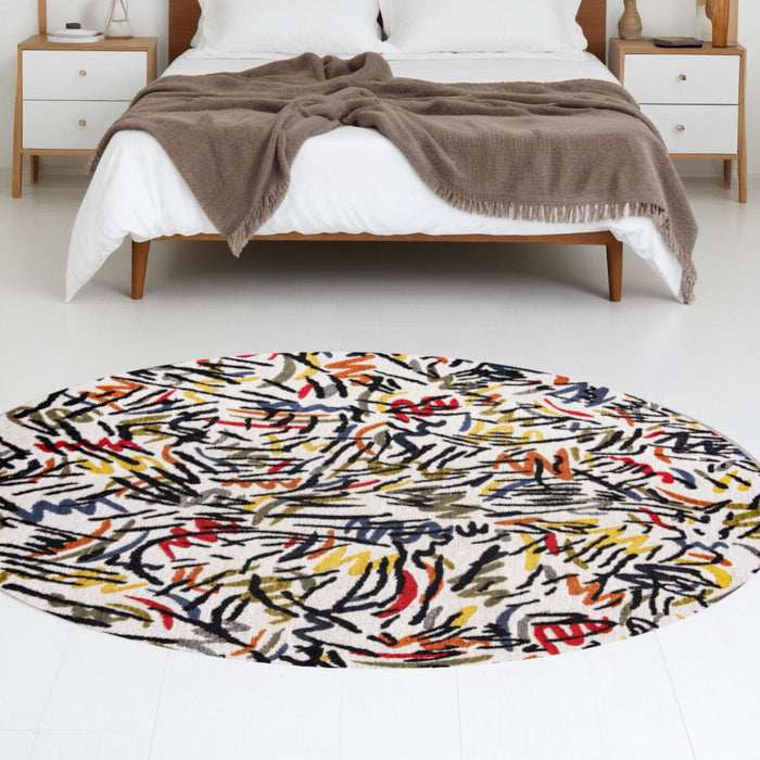 8' Round Abstract Non Skid Area Rug - White