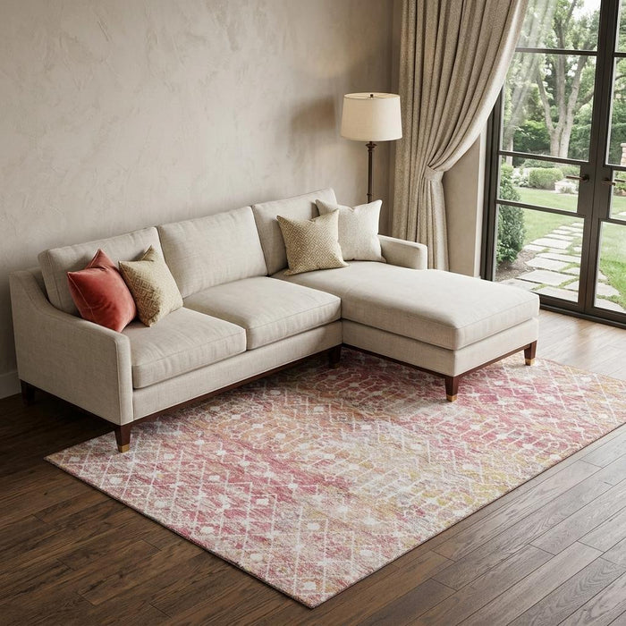 10' X 14' Geometric Washable Area Rug With UV Protection (695660) - Pink / Ivory / Wheat