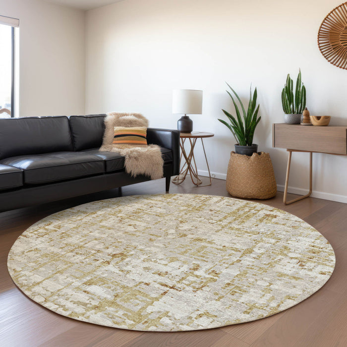 8' Abstract Washable Round Rug With UV Protection - Camel And Ivory