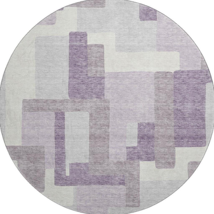 8' Abstract Geometric Washable Round Rug With UV Protection - Lavender / Ivory