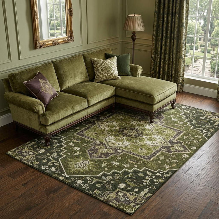 10' X 14' Oriental Washable Area Rug With UV Protection (681329) - Olive Green / Ivory / Beige